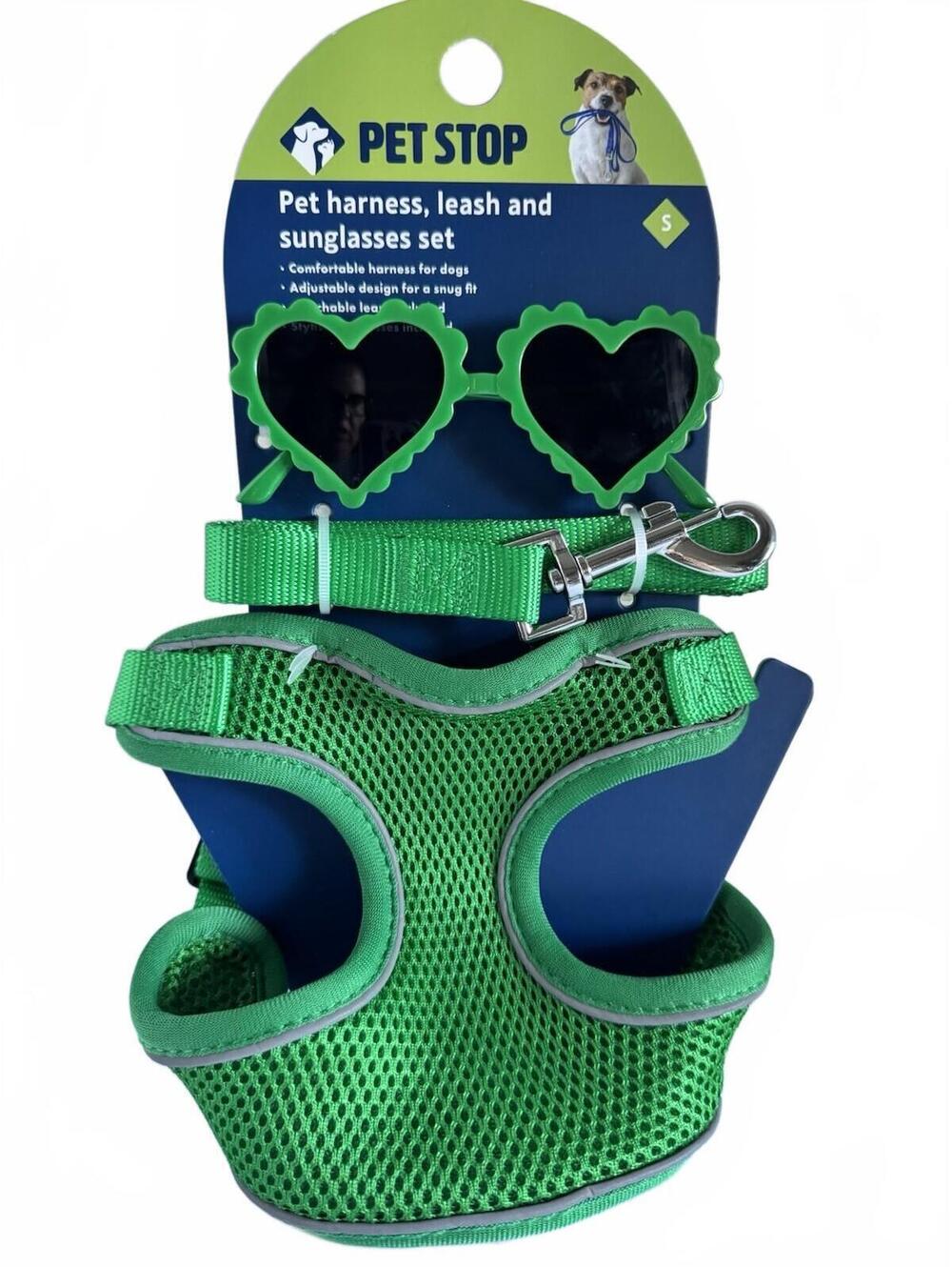 Pet Stop Small Green Mesh Dog Harness, Leash & Sunglasses Set - Adjustable Soft
